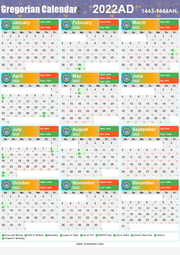 Download Gregorian Islamic Calendar 2022 as pdf